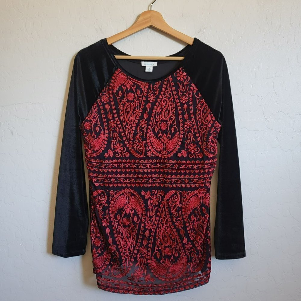 Sundance Embroidered Mesh Enchantress Velvet Top Black/Red Size Women's Medium